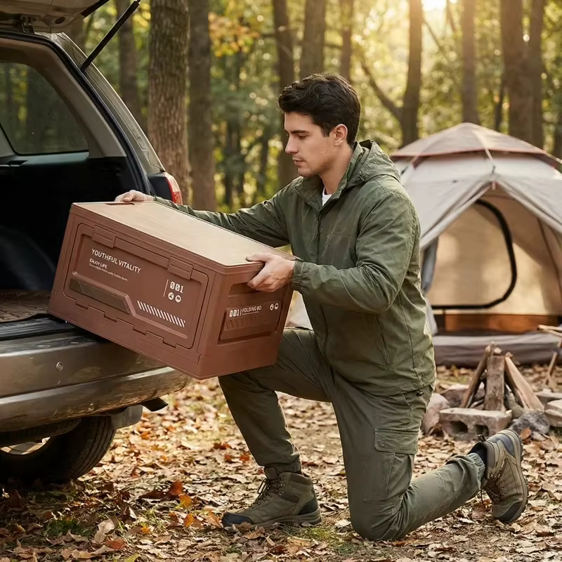 Boîte de rangement pliable avec couvercle en bois