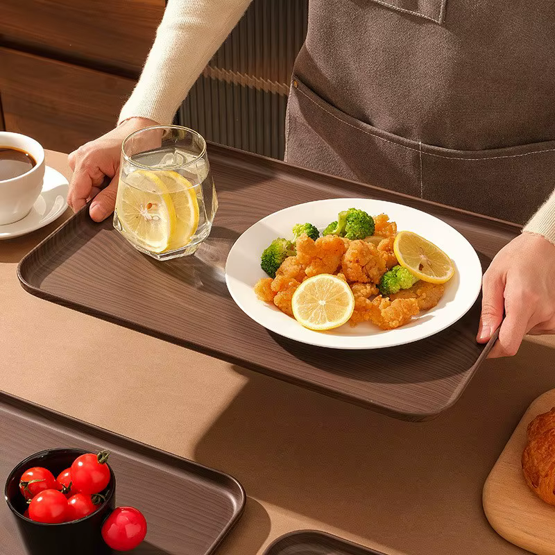 Plateau de service rectangulaire en plastique grain de bois, assiette de rangement polyvalente pour usage domestique et commercial, pour tasses d'eau, gâteaux et desserts