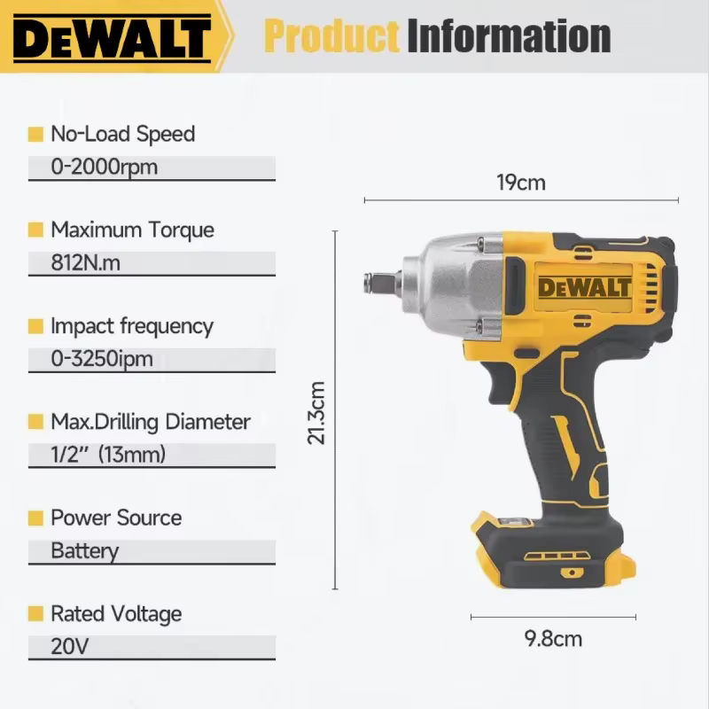 Dewalt DCF892 clé à chocs sans brosse à couple élevé outil électrique sans fil batterie 20V alimentation sans fil pour l'amélioration de l'habitat