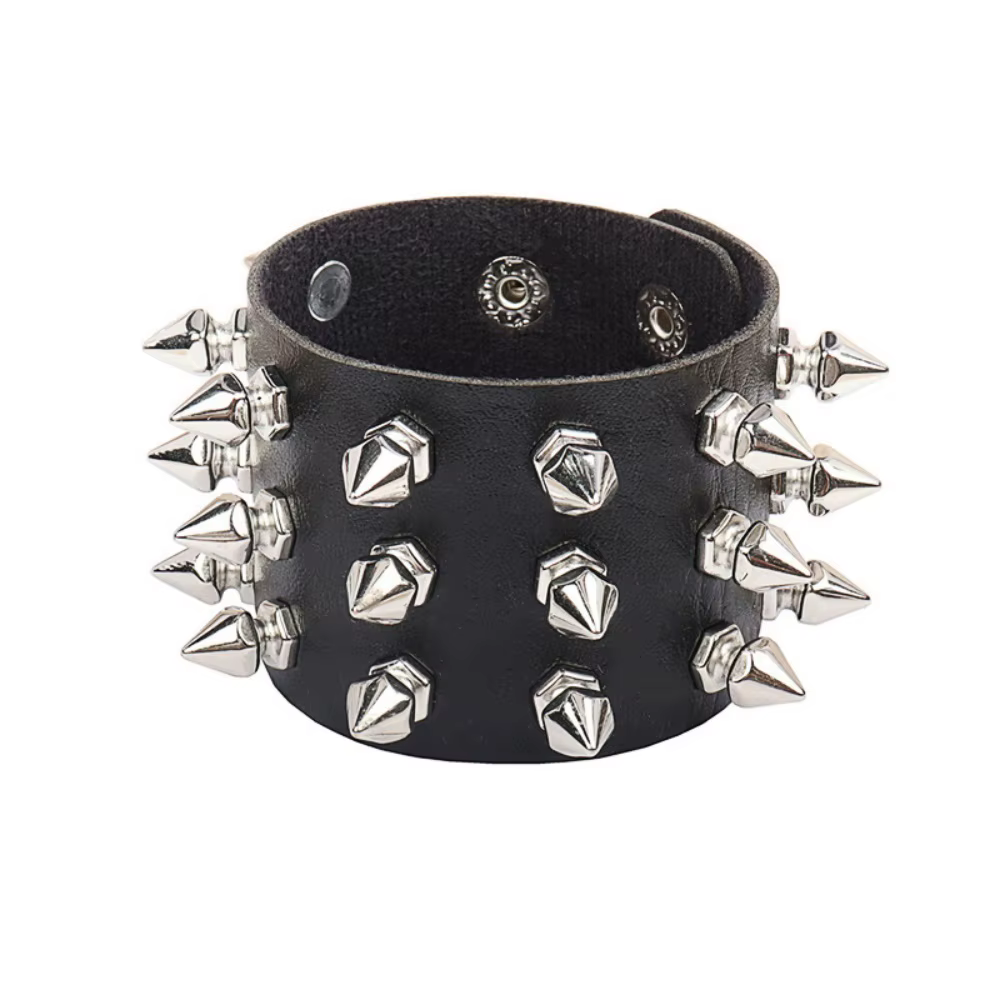 Bracelet en cuir large Punk, accessoires de moto personnalisés, nouveaux accessoires de mode, clous pointus à trois rangées exagérés
