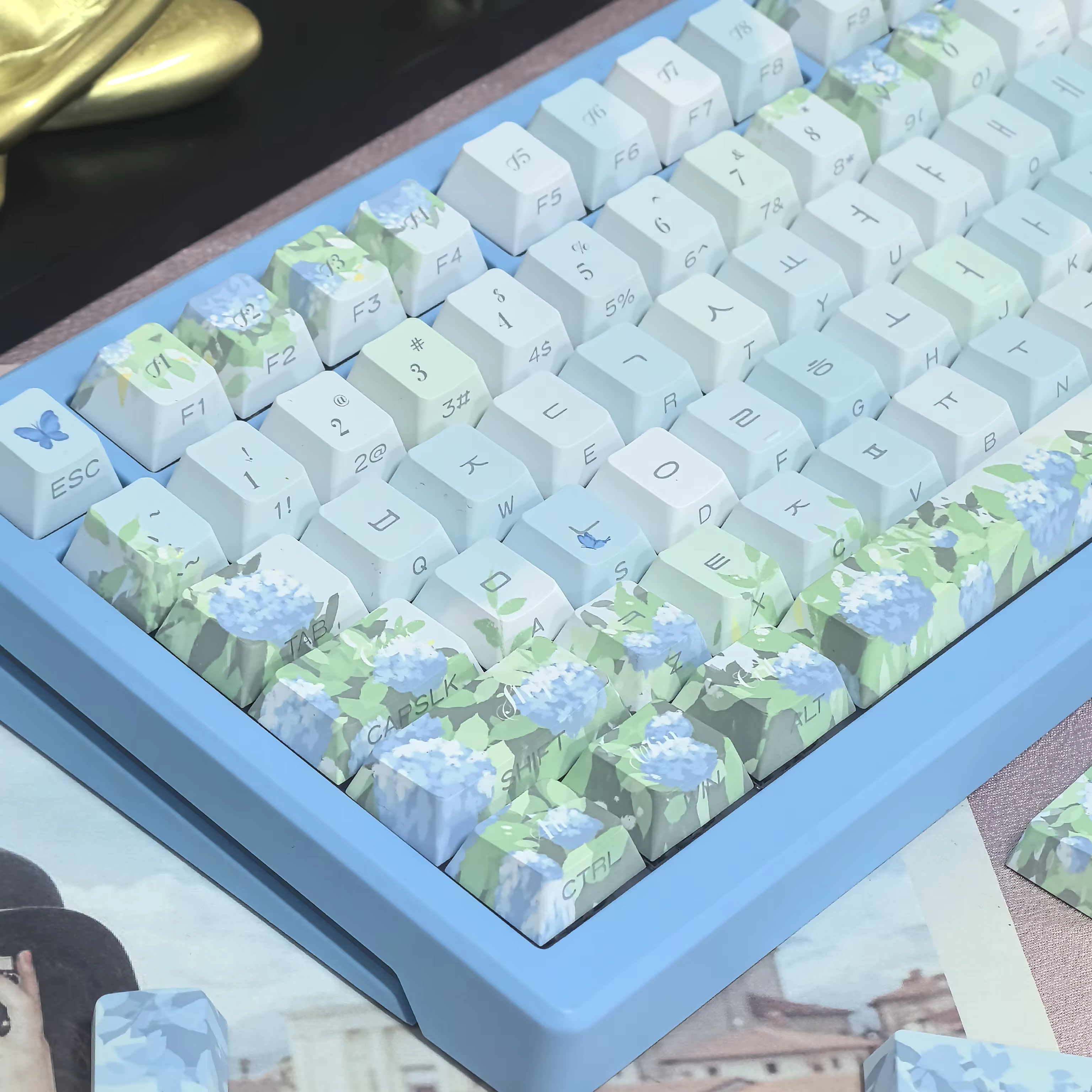 Capuchons de touches KR pour clavier MX, hortensia d'été sans fin, sans gravure latérale, plante et fleur, bleu et coréen, élégant et vert, 133 prédire