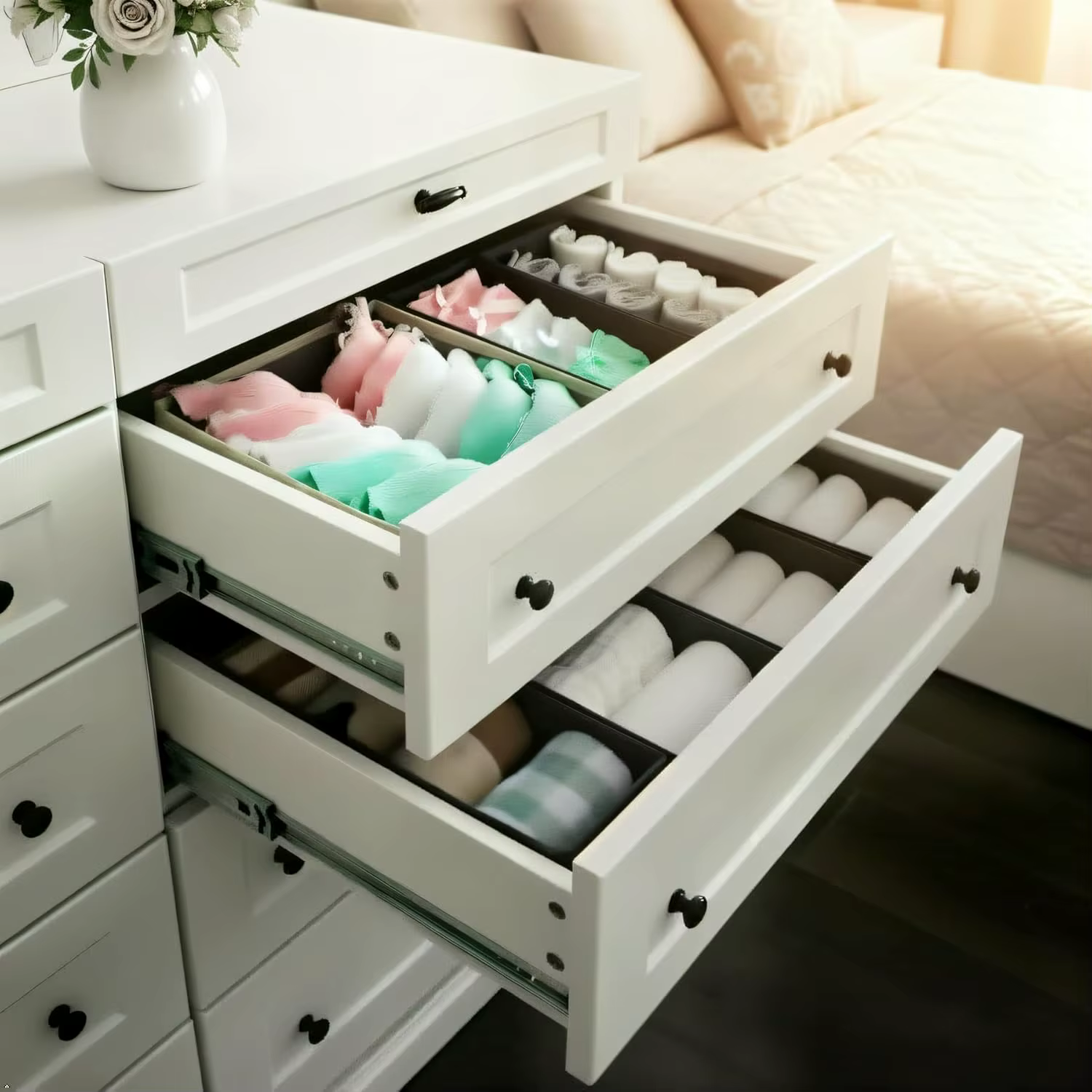 Ensemble de 4 organiseurs de tiroirs - Bacs de rangement en tissu pour vêtements, sous-vêtements, chaussettes et soutiens-gorge - Diviseurs de commode de 11 pouces pour placard de chambre
