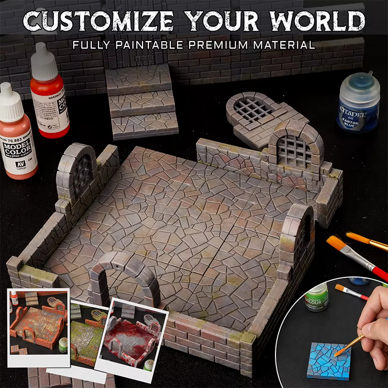 Ensemble de carreaux de donjon magnétiques – Kit de terrain modulaire et à peindre de 58 pièces avec sols texturés double face – Construisez des cartes de combat 3D