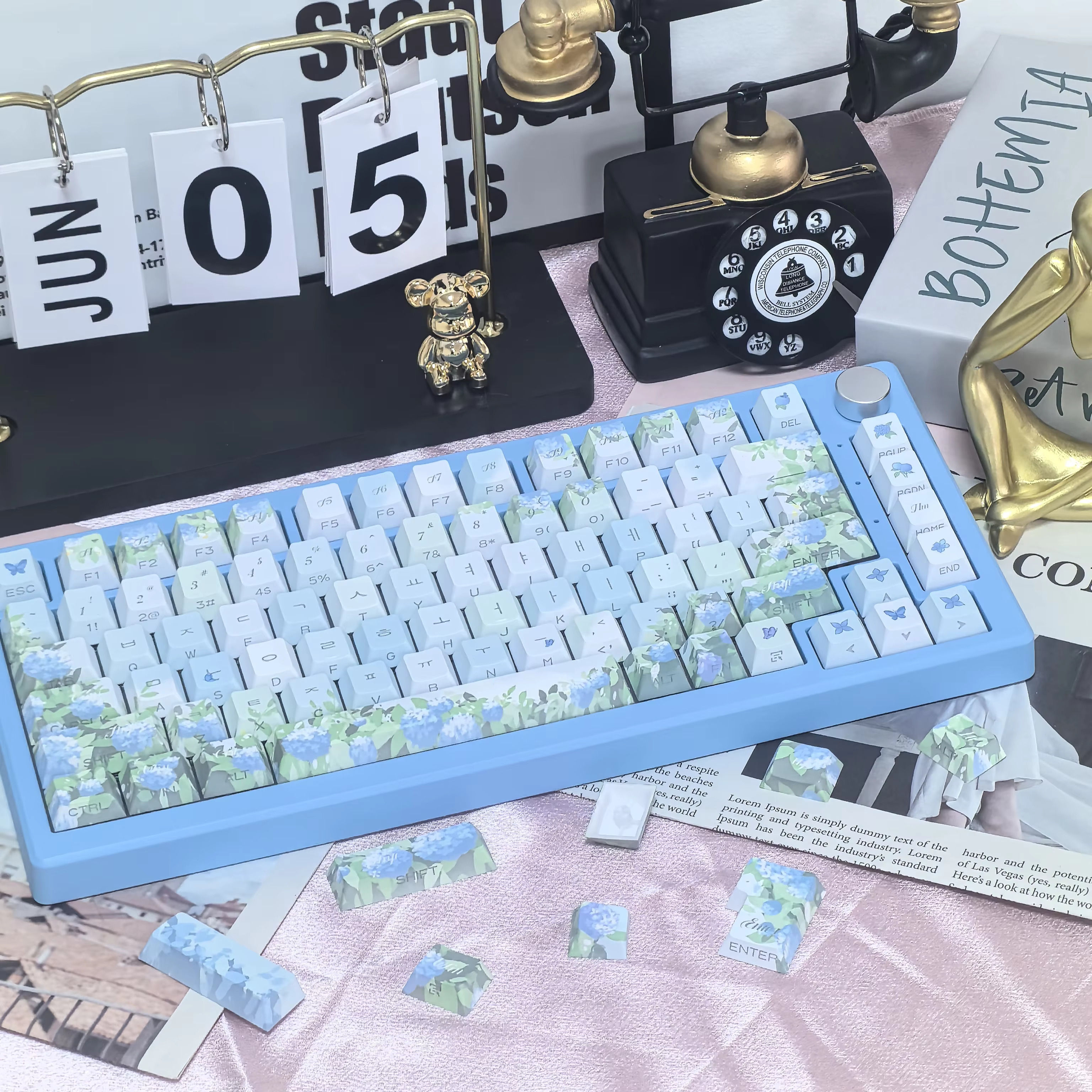 Capuchons de touches KR pour clavier MX, hortensia d'été sans fin, sans gravure latérale, plante et fleur, bleu et coréen, élégant et vert, 133 prédire
