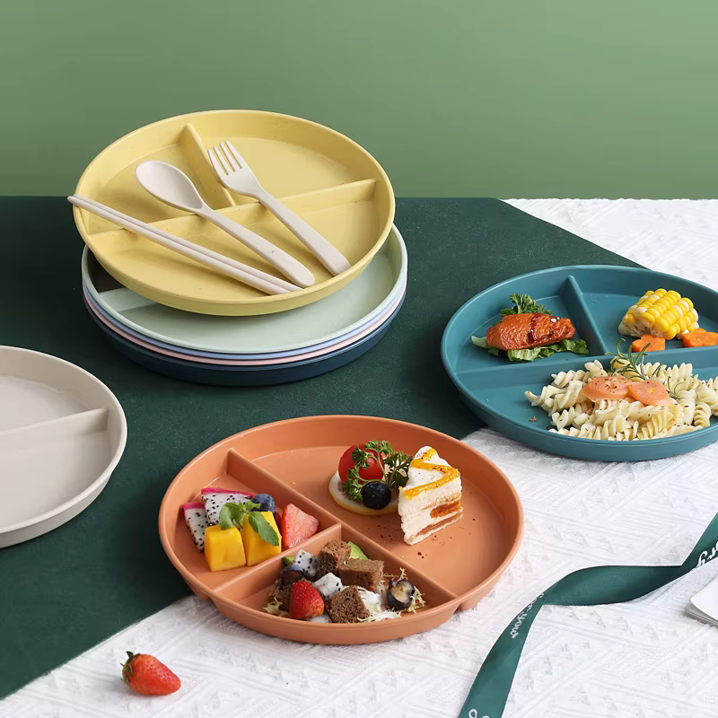 Assiette de petit-déjeuner divisée en 3 compartiments, assiette individuelle ronde en plastique, assiette réutilisable pour régime alimentaire sain et perte de poids, assiette de pique-nique
