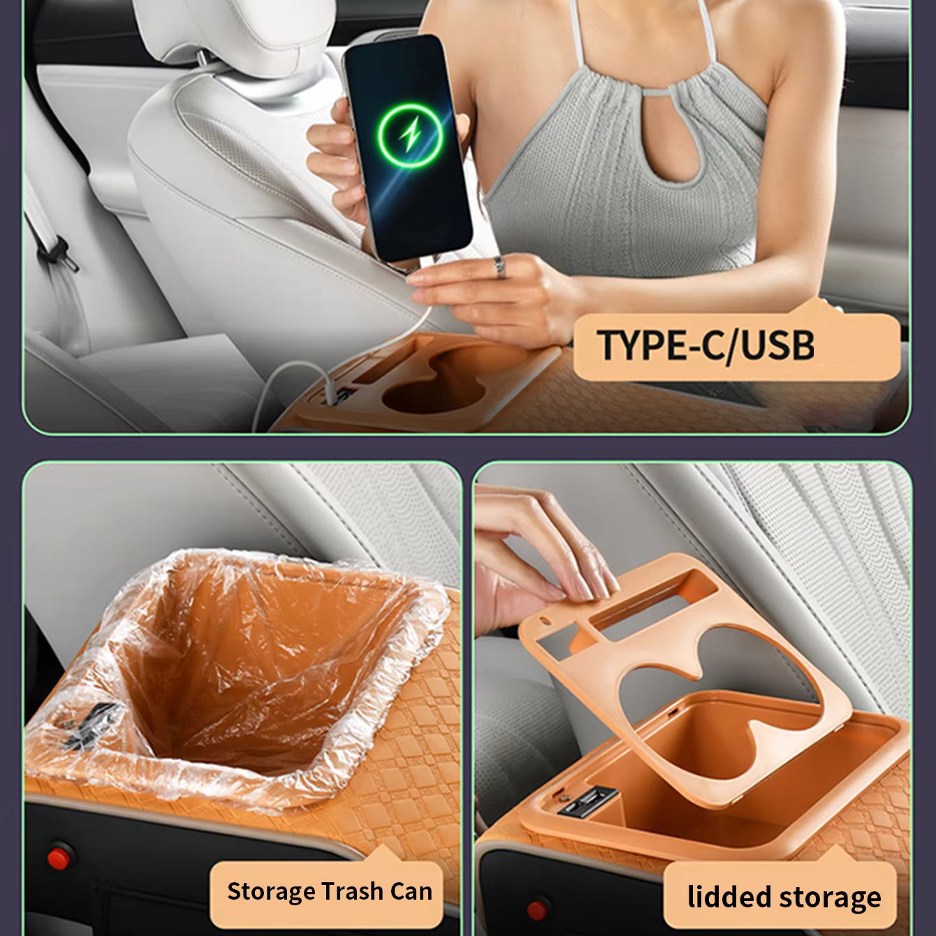 Boîte d'accoudoir de voiture multifonctionnelle avec couvercle interchangeable, dotée d'une projection laser étoilée, de bandes lumineuses latérales, de deux ports de charge USB/Type-C pour téléphones