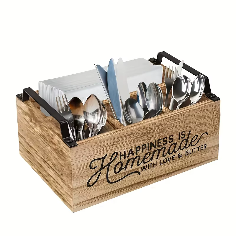 Organisateur d'ustensiles de cuisine en bois classique de haute qualité - Boîte de rangement portable avec design