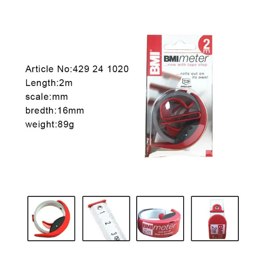 Mètre Ruban Auto-Rétractable NO 429 241 429 341 BMI Allemagne en Acier Inoxydable 2M 3M avec Verrouillage Précision Classe II pour Menuiserie et Bricolage