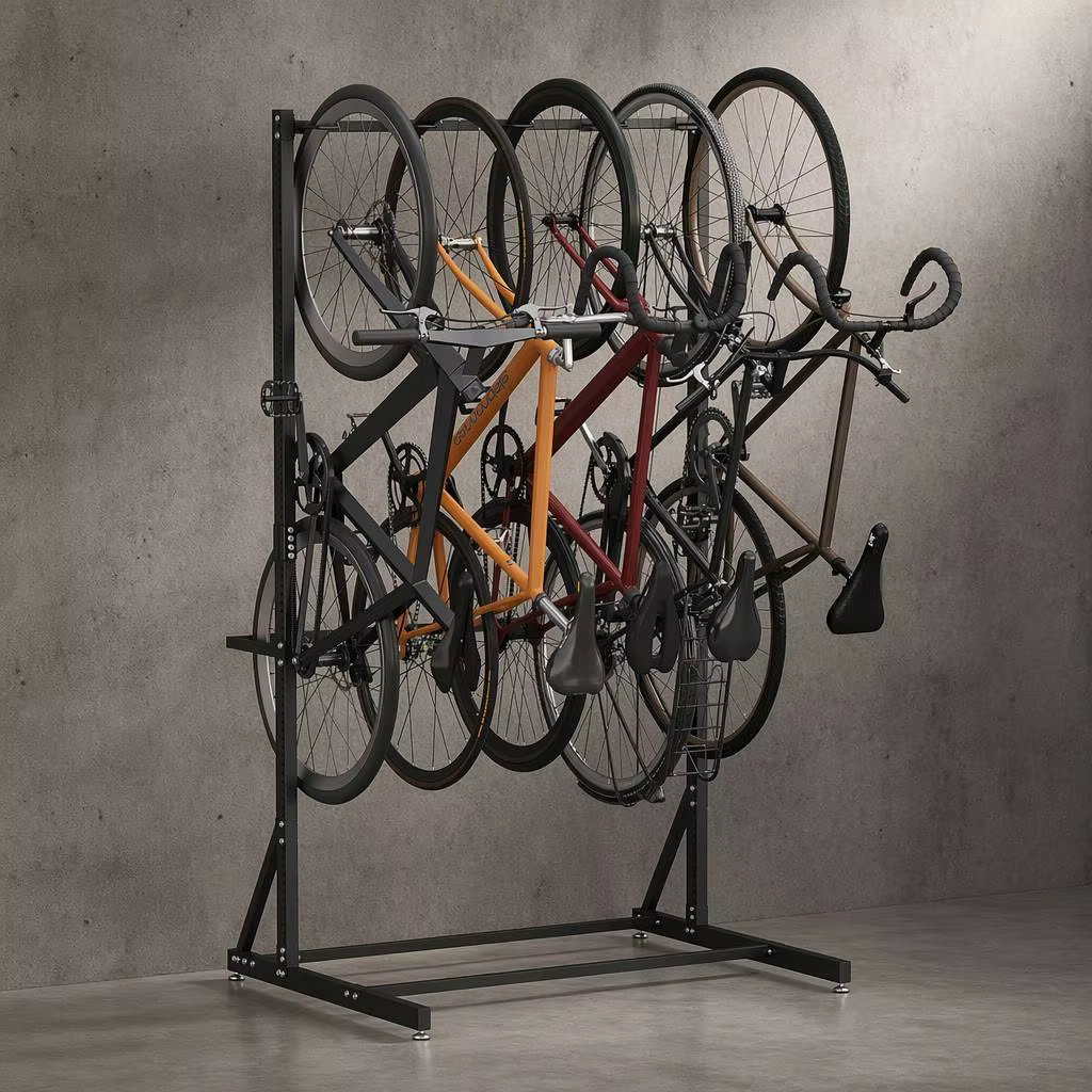 Support de vélo autoportant, support de rangement vertical pour vélos, pour garage, organisateur de vélos d'intérieur avec crochets réglables pour 5 vélos