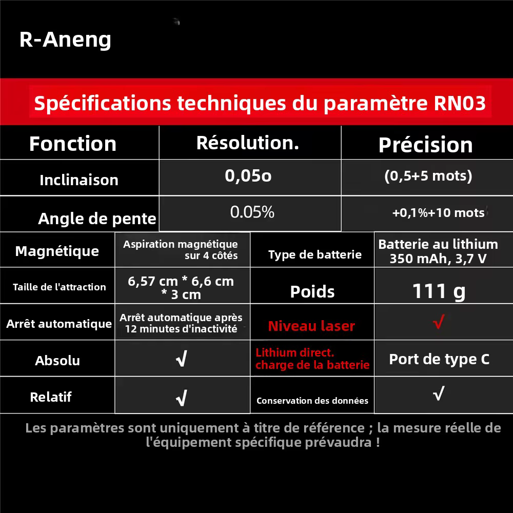 Niveau laser numérique Aneng RN02 RN03 avec écran LCD rétroéclairé