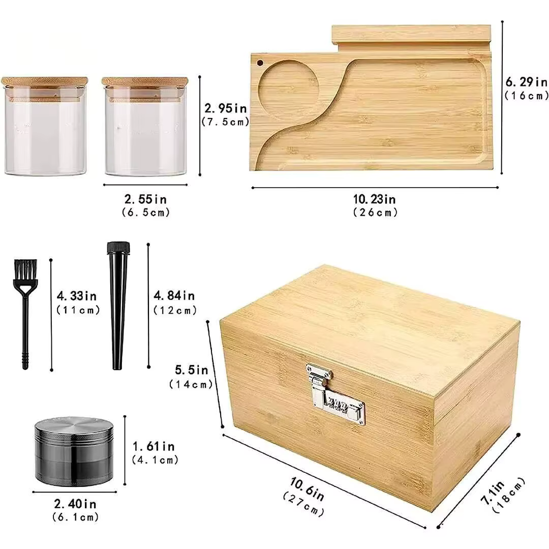 Boîte de rangement en bambou avec verrouillage par mot de passe, grande boîte en bambou BLOlock, bocaux en verre et broyeur d'herbes, boîte à mot de passe en bambou