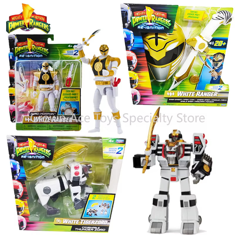 Figurine Power Rangers S2 White Ranger originale avec tous les accessoires, collection combinable, White Tigerzord, Saba Saber, masque, pièce de monnaie, ensemble de jeu