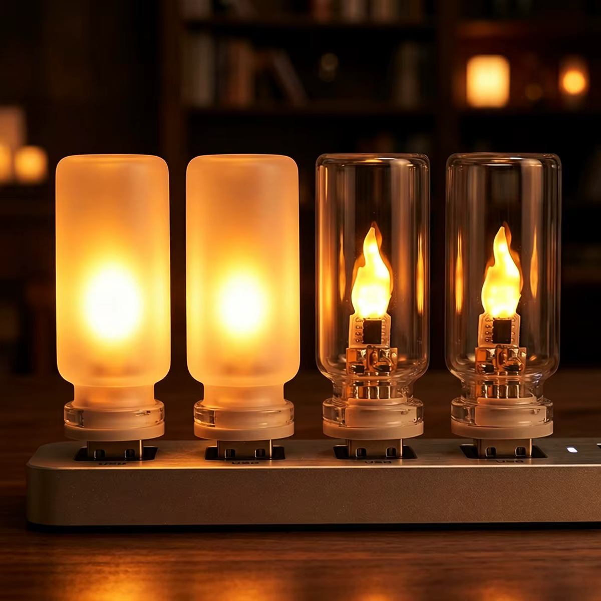 Lampe de nuit LED USB à flamme vacillante en verre dépoli transparent