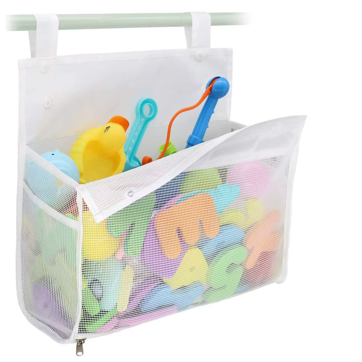 Organisateur de jouets de bain pour enfants, sac de rangement suspendu avec grand dessus ouvert et fermeture éclair, organisateur de baignoire de douche pour jouets, emballage de rangement de jouets