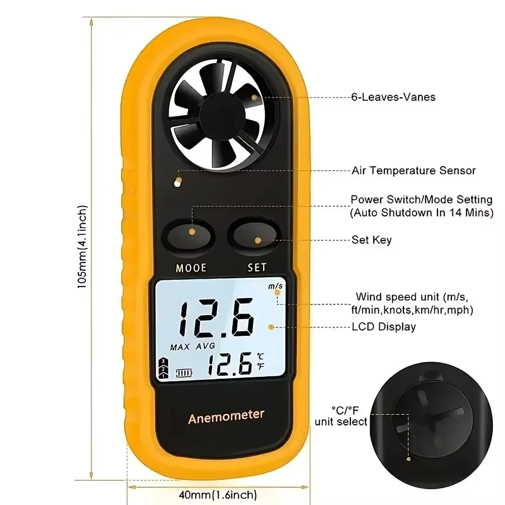 Anémomètre numérique LCD portable, mesureur de vitesse du vent, jauge de température pour la navigation, les drones, le HVAC, les tests industriels en extérieur