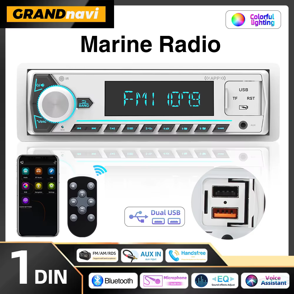 Autoradio marin 1Din, lecteur MP3, Bluetooth, radio bateau, écran LCD numérique, AM FM RDS, SD, AUX pour yacht, quad, UTV, camping-car, voiturette de golf