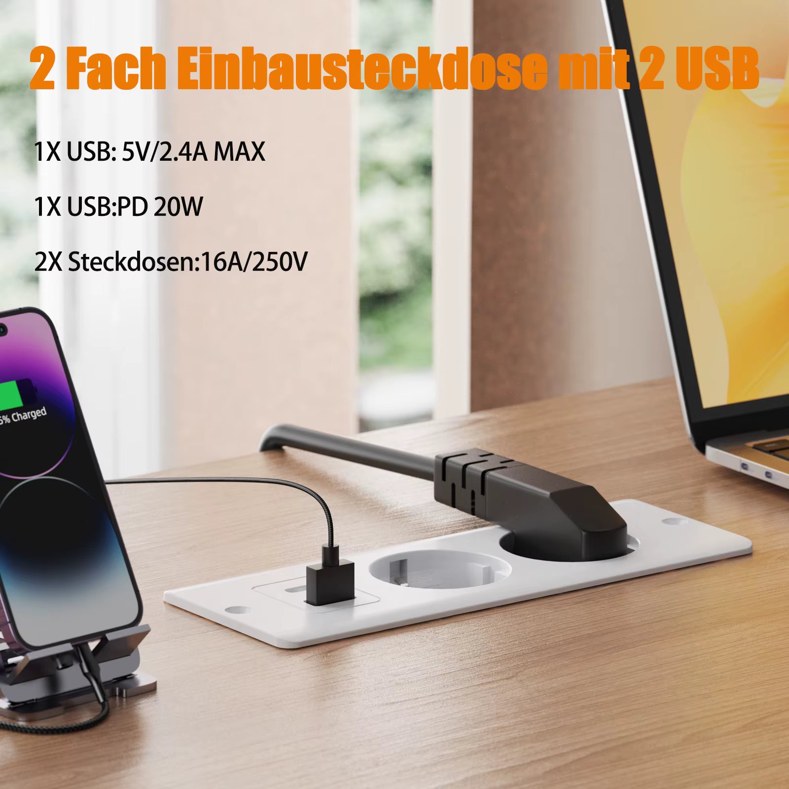 Prises encastrées sur Table ue, 1 USB-A et 1 type-c, prise de courant cachée de bureau intégrée avec rallonge de 2M pour bureau et cuisine