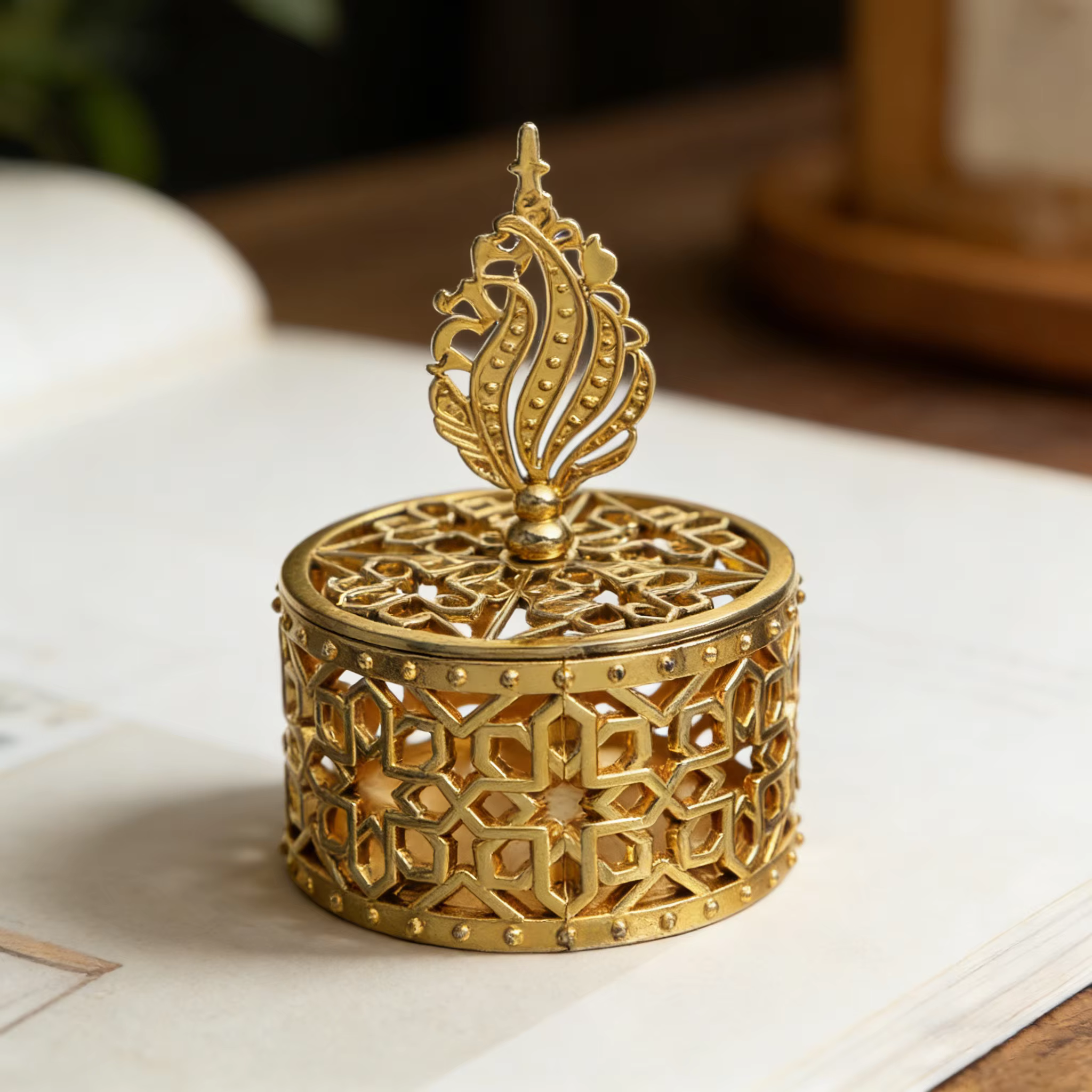 Boîte à bonbons dorée, boîte-cadeau ronde pour fête de mariage arabe du moyen-orient