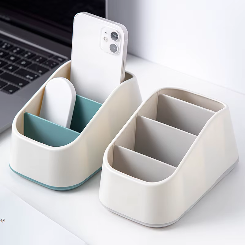 Support de télécommande, boîte de rangement de bureau à 4 fentes, panier trapézoïdal pour télécommande TV, étui de rangement de papeterie pour maison et hôtel