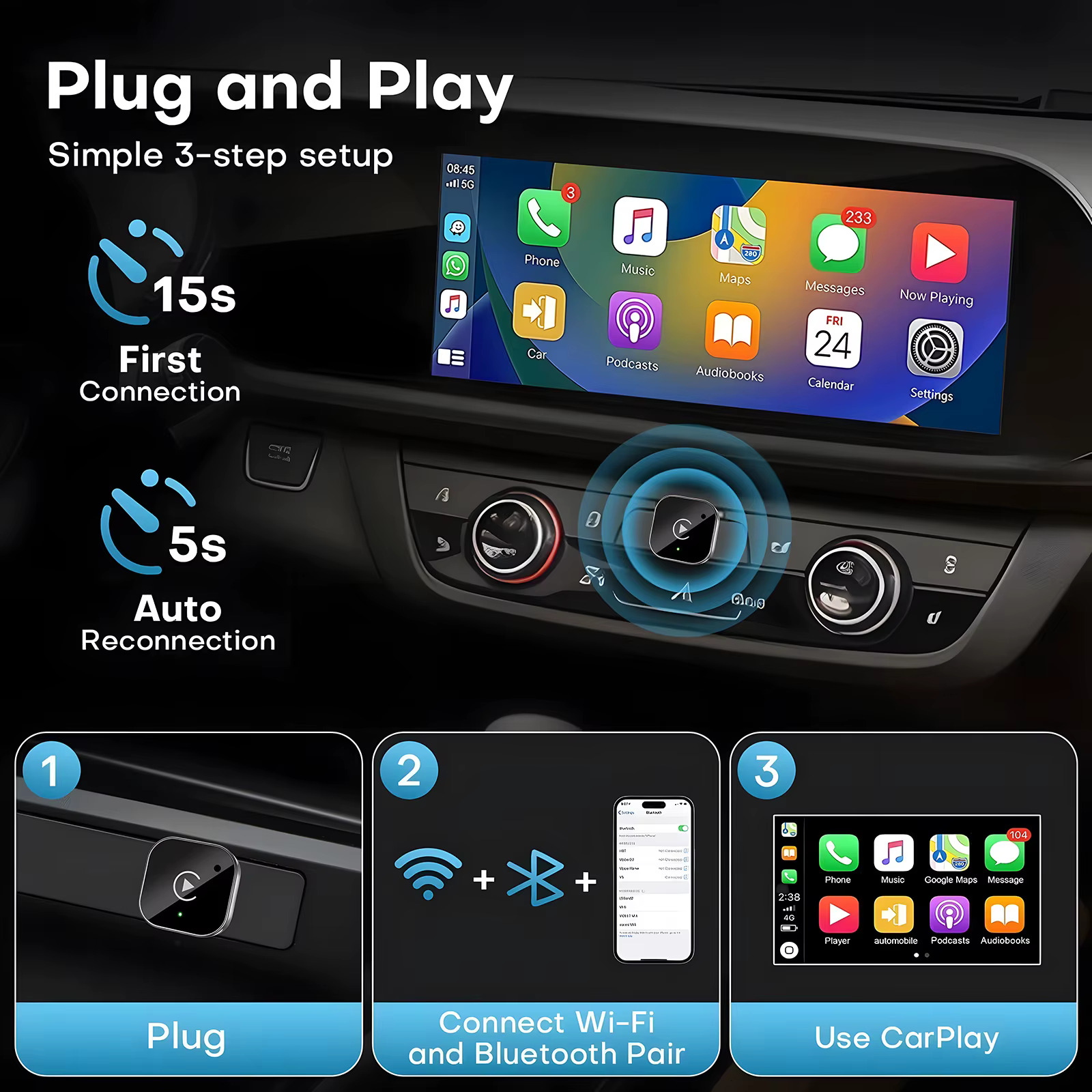 Adaptateur sans fil USB C 2-en-1 amélioré pour CarPlay et Android Auto