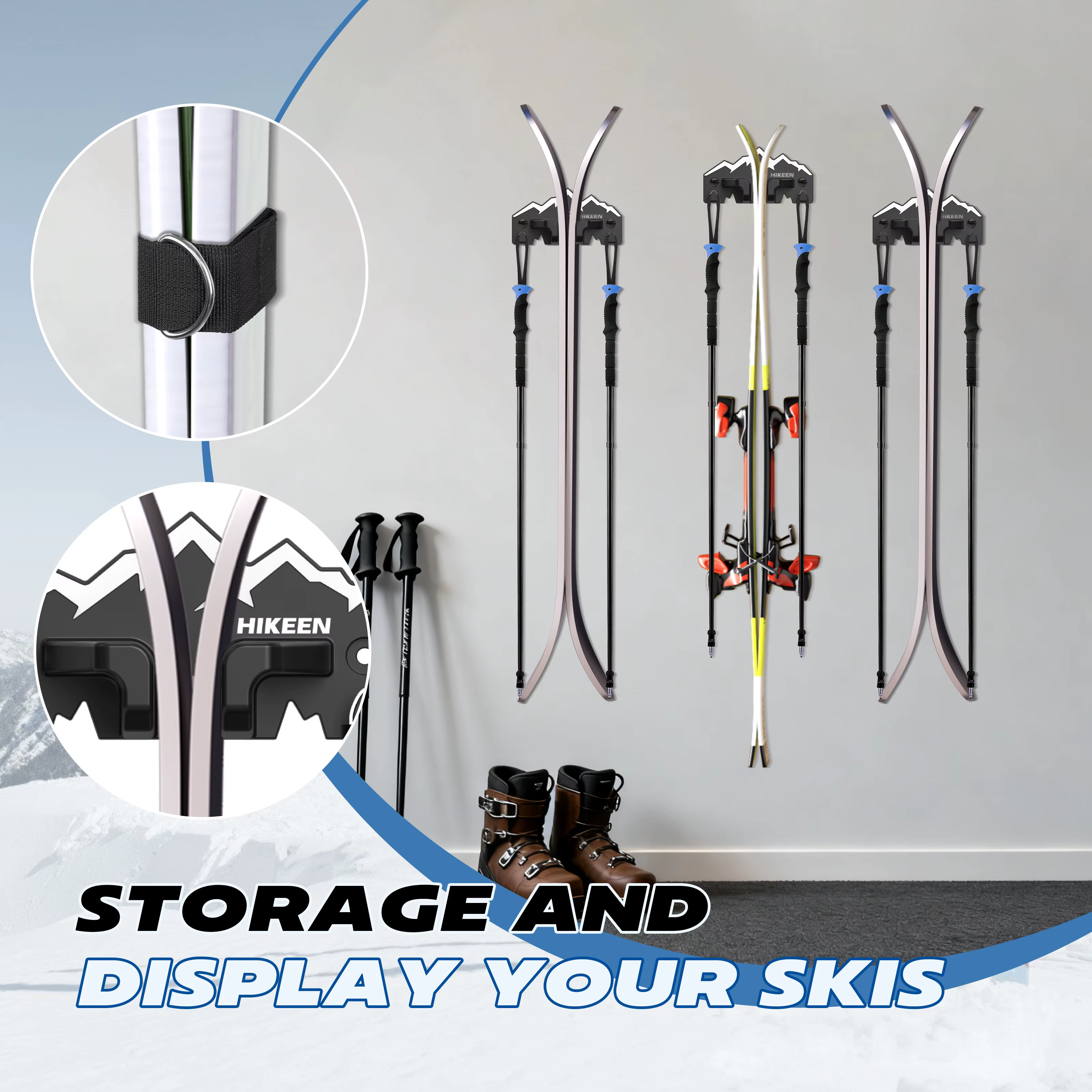 Support mural pour skis Hikeen, support mural pour le rangement des skis dans le garage, convient à tous les skis, organisation du garage, support mural durable pour l'affichage des skis