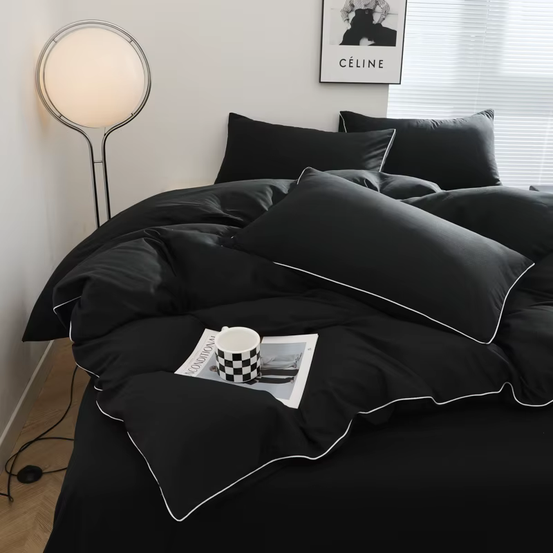 Parure de lit complète noire pour adultes, style simple, ensembles de draps doubles, simple, reine, roi, ensemble de couverture de lit, uni, document