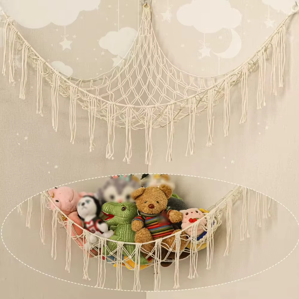 Hamac mural d'angle pour jouets, filet de rangement suspendu pour chambre, hamac pour poupées, décoration murale de fond de pièce