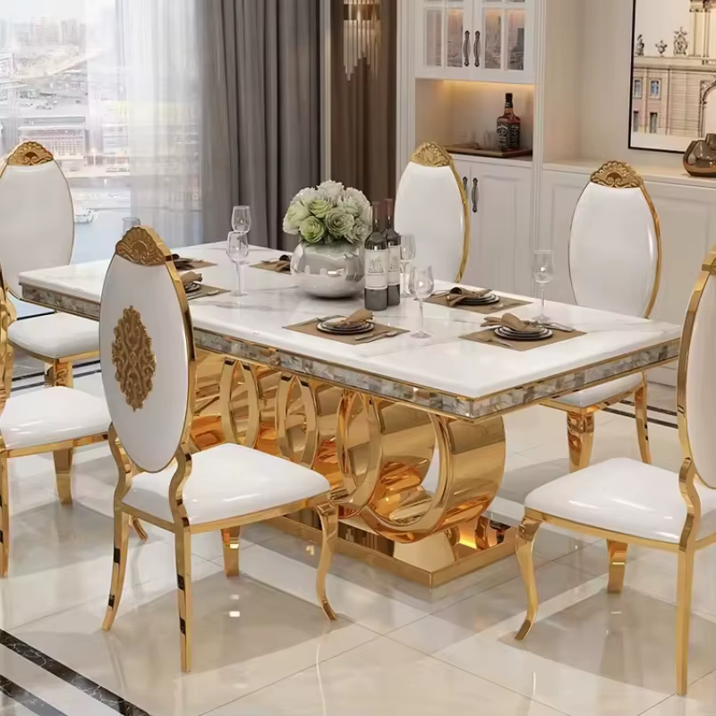 Ensemble de table à manger rectangulaire en marbre de luxe moderne haut de gamme pour hôtels et restaurants, mobilier élégant pour salle à manger