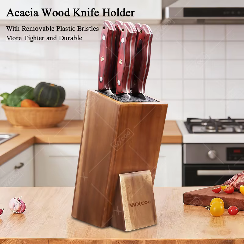 Nouveau porte-couteau universel de cuisine en bois d'acacia, support de cuisine avec poils pour comptoir de cuisine, bloc de couteaux en bois massif