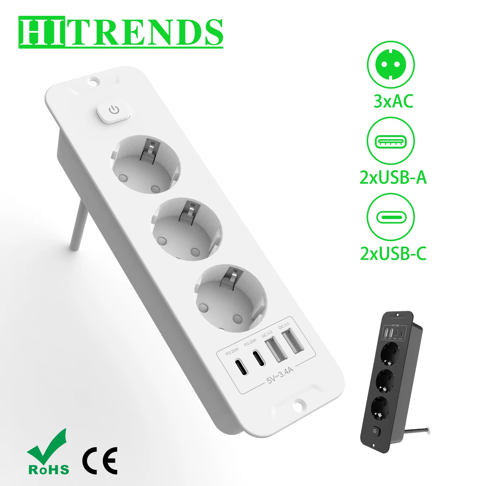 Prises encastrées sur Table ue, prises intégrées avec 2 ports USB 2 Type C PD20W, prise de courant cachée pour bureau intégré pour meubles