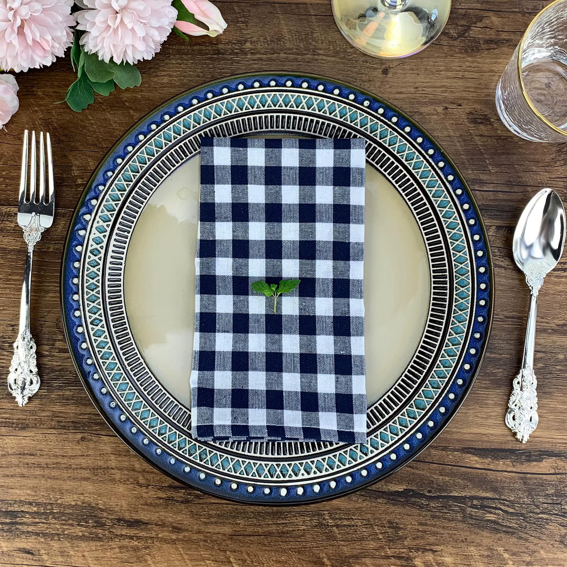 1 pièce 40x40cm Serviette de table en coton à carreaux vichy pour mariage