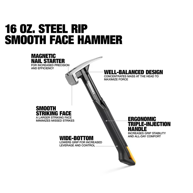 Marteau à déchirer en acier TOUGHBUILT TB-H1-1R-S16 TB-H1-1R-S18 16 OZ. 18 OZ. Outils à main à visage lisse