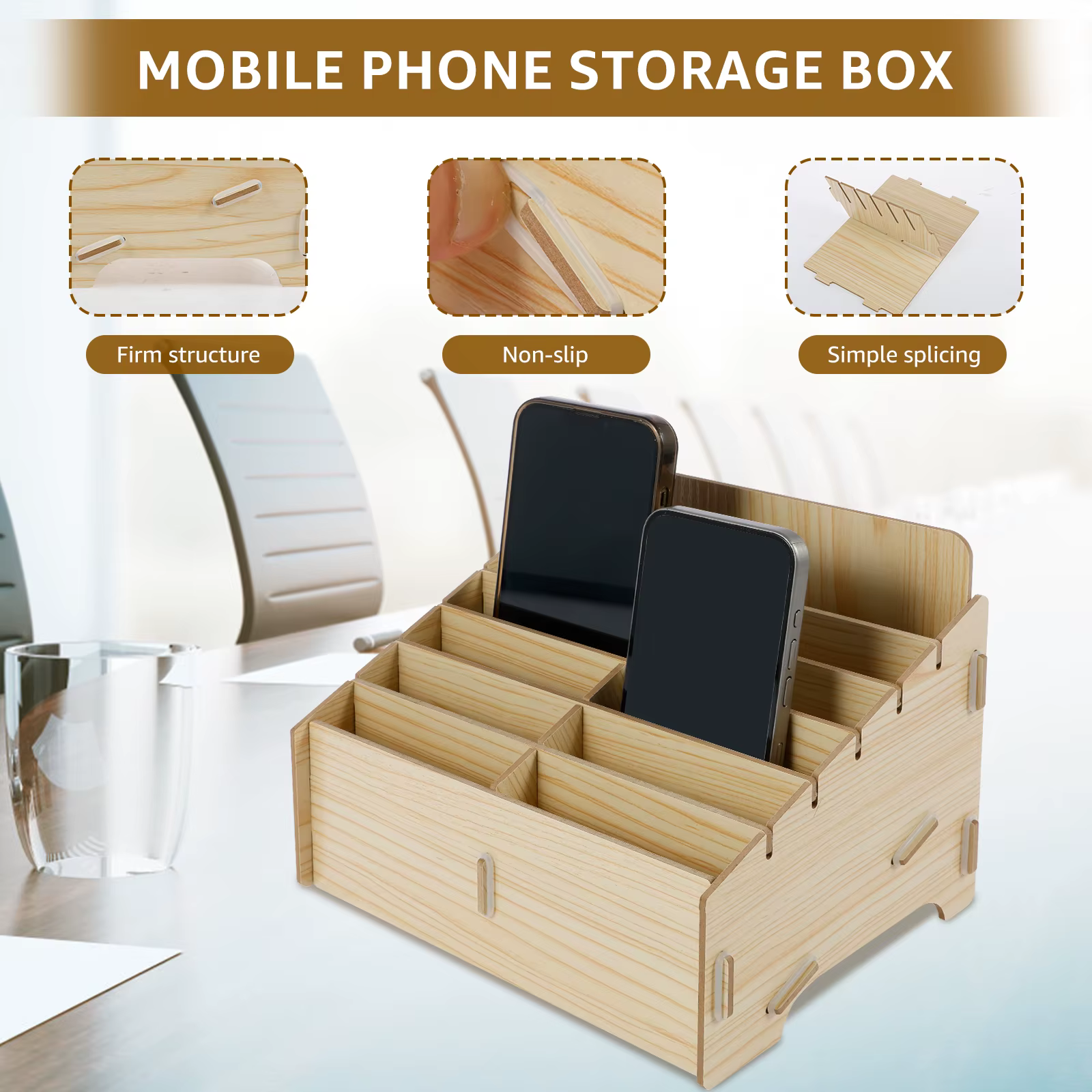 Support de téléphone portable en bois, boîte de rangement solide pour téléphone, support de téléphone polyvalent, organisateur de bureau, facile à installer, stockage de gestion du téléphone