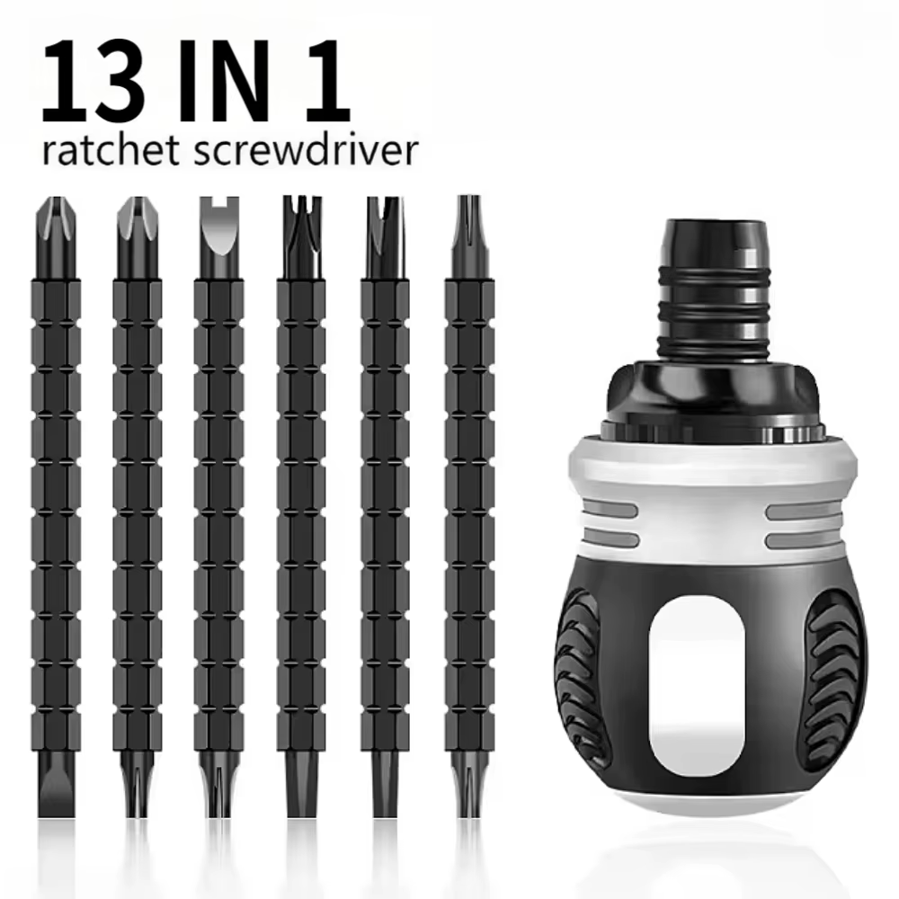 Tournevis à cliquet ergonomique à manche court avec 12 embouts double face multi-spécifications pour la réparation de meubles électroniques et de bricolage