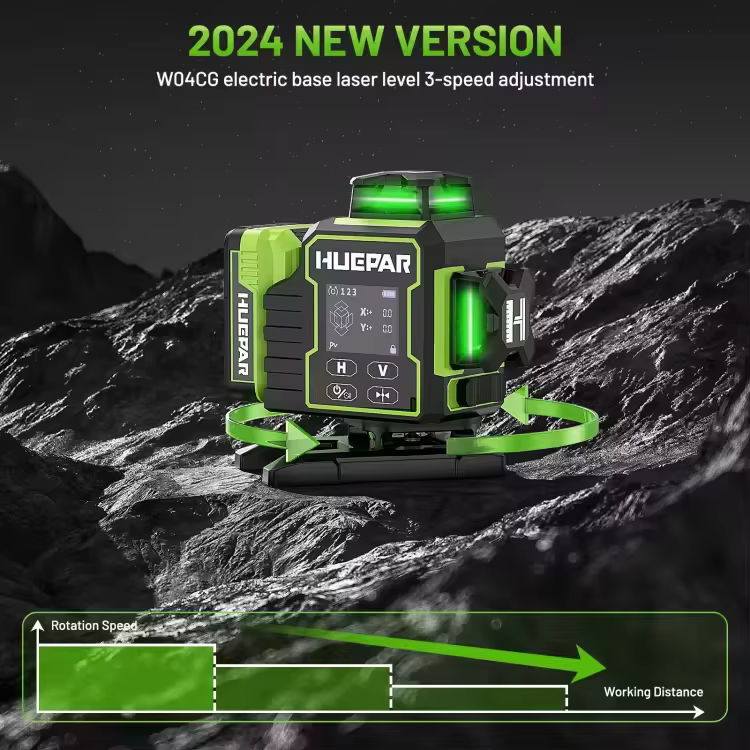 Niveau laser Huepar W04CG 4D 16 lignes à faisceau vert auto-nivelant avec écran tactile LCD