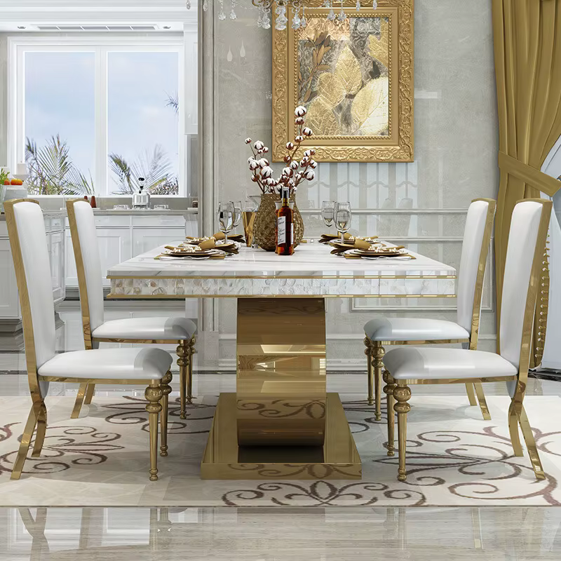 Ensemble de table à manger rectangulaire en marbre de luxe moderne haut de gamme pour hôtels et restaurants, mobilier élégant pour salle à manger