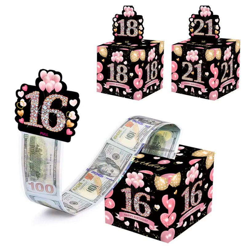 Boîte à Billets Rose et Or pour Garçon et Fille, Coffret Surprise pour Joyeux Anniversaire, Cadeau du 16e Anniversaire
