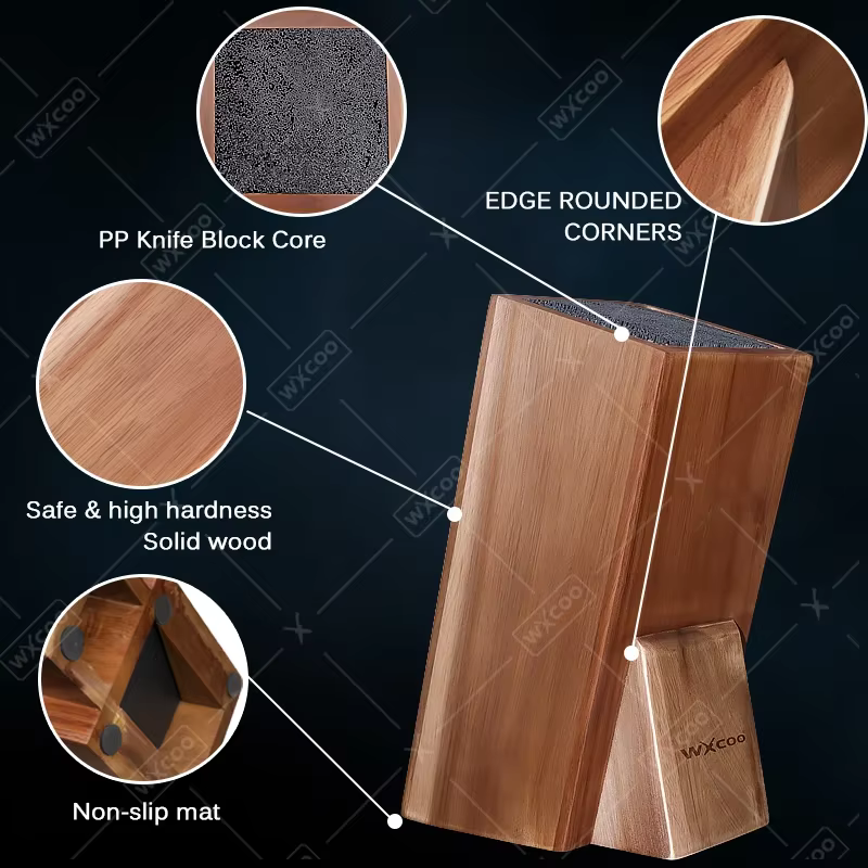 Nouveau porte-couteau universel de cuisine en bois d'acacia, support de cuisine avec poils pour comptoir de cuisine, bloc de couteaux en bois massif