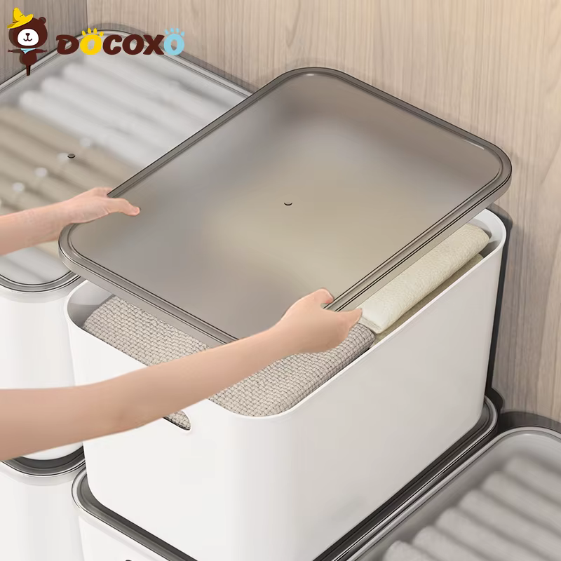 4 boîtes de rangement empilables avec couvercle transparent noir, organisateurs de placard en plastique pour la maison [Taille]