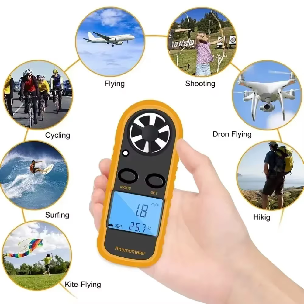 Anémomètre numérique LCD portable, mesureur de vitesse du vent, jauge de température pour la navigation, les drones, le HVAC, les tests industriels en extérieur