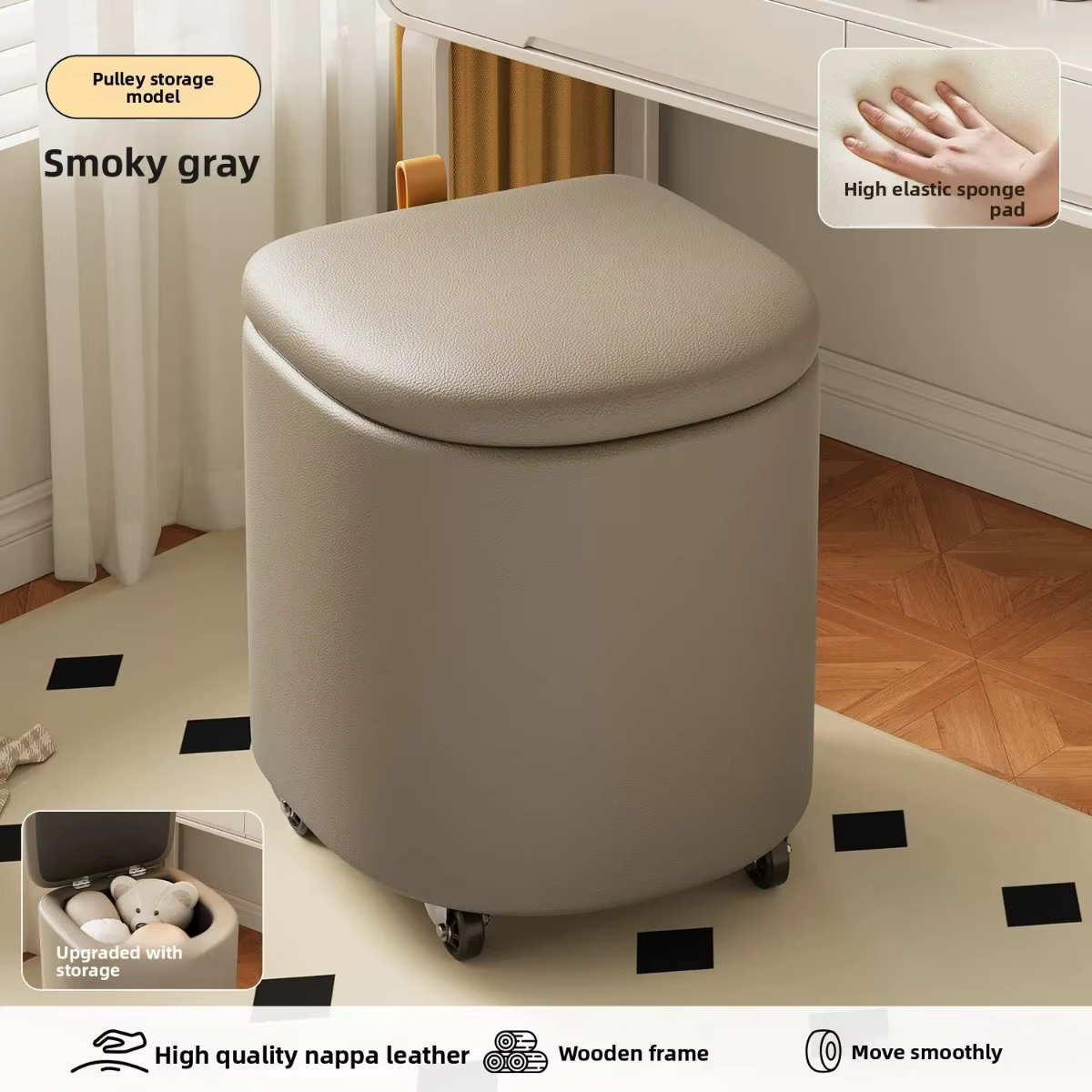Banc de maquillage en cuir pour rangement, banc à chaussures, banc à ongles roulant pour chambre de femme, tissu en cuir haut de gamme de luxe léger