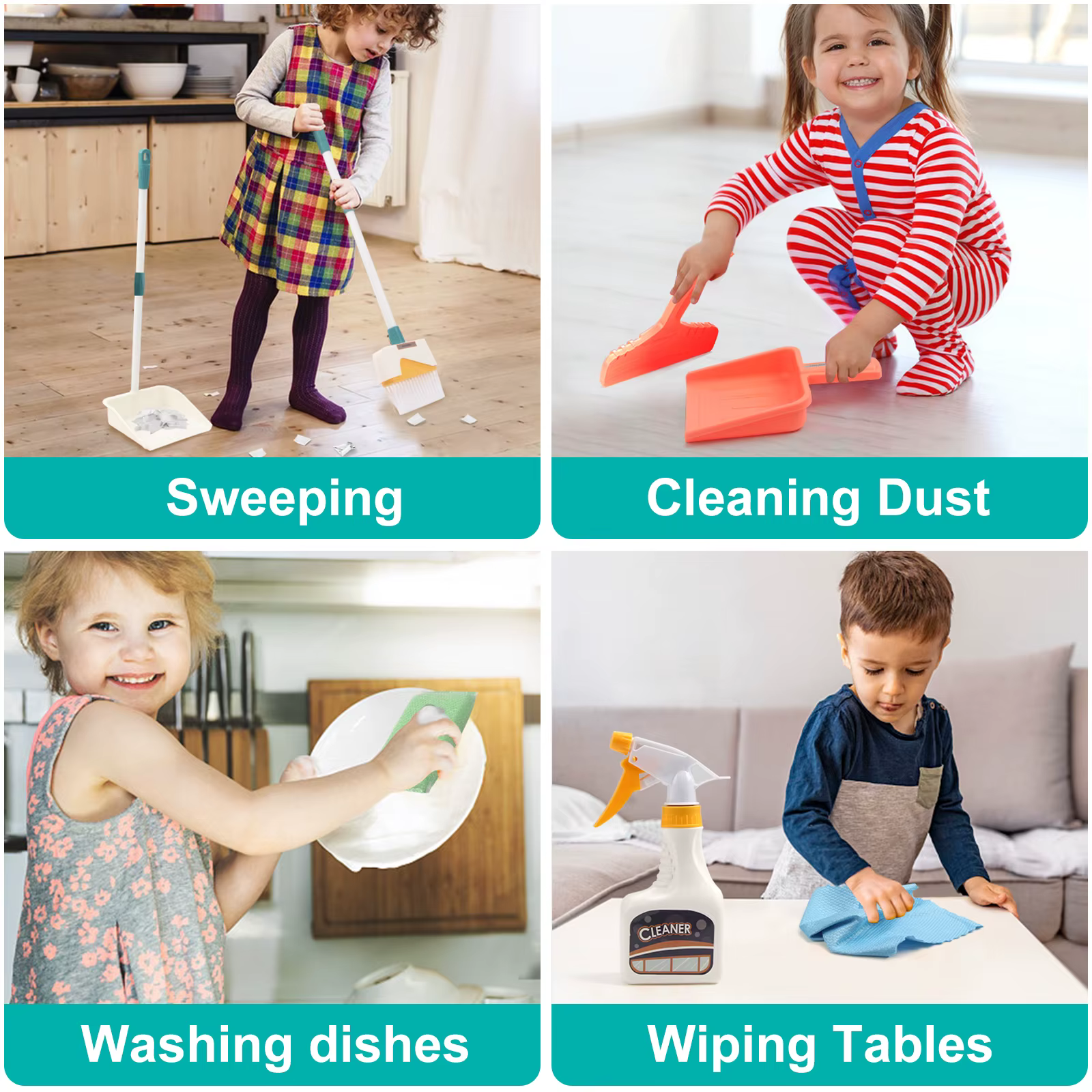 12 pièces/ensemble enfants ensemble de nettoyage fournitures pour travaux ménagers Kit avec pelle à poussière balai