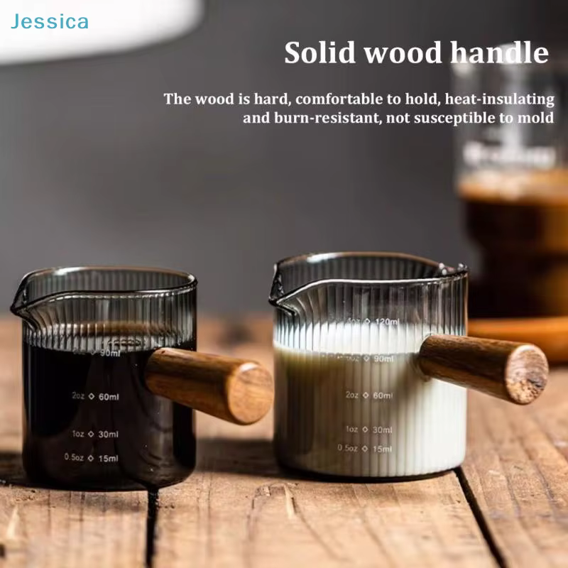 ♥ Tasse à mousse de lait en verre côtelé avec poignée en bois - Tasse doseuse de 120 ml pour café et lait