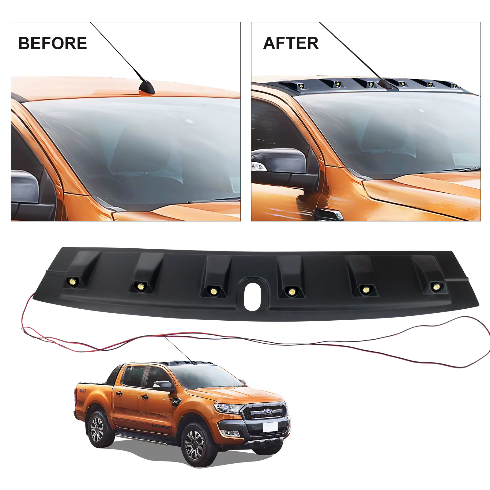 Aileron de toit avant LED noir pour Ford Ranger Raptor, barre lumineuse de couverture de Spomicrophone, accessoires de voiture, 256, 2015, 2016, 2017, 2018, 4tage
