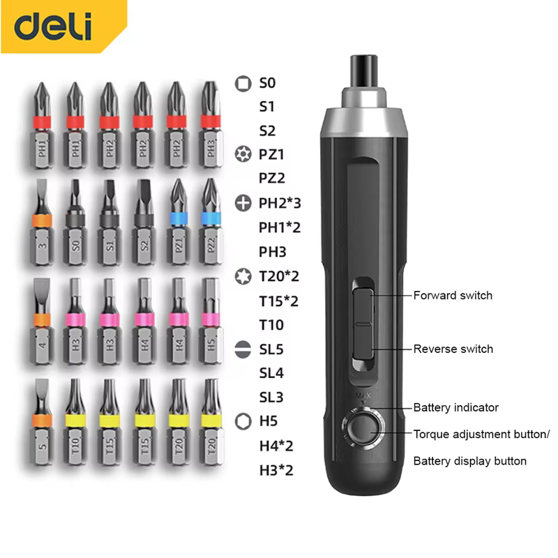 Tournevis électrique Deli sans fil rechargeable avec batterie au lithium