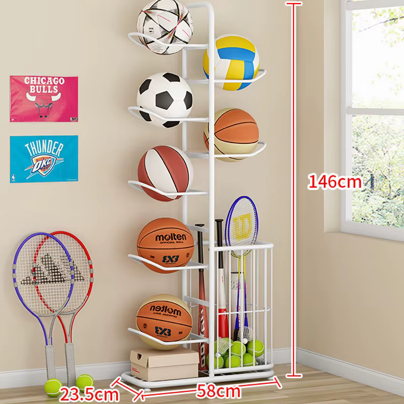Support de rangement pour ballons de sport, basket-ball, badminton, volley-ball, organisateur d'équipement sportif autoportant, porte-ballons pour la maison et l'intérieur