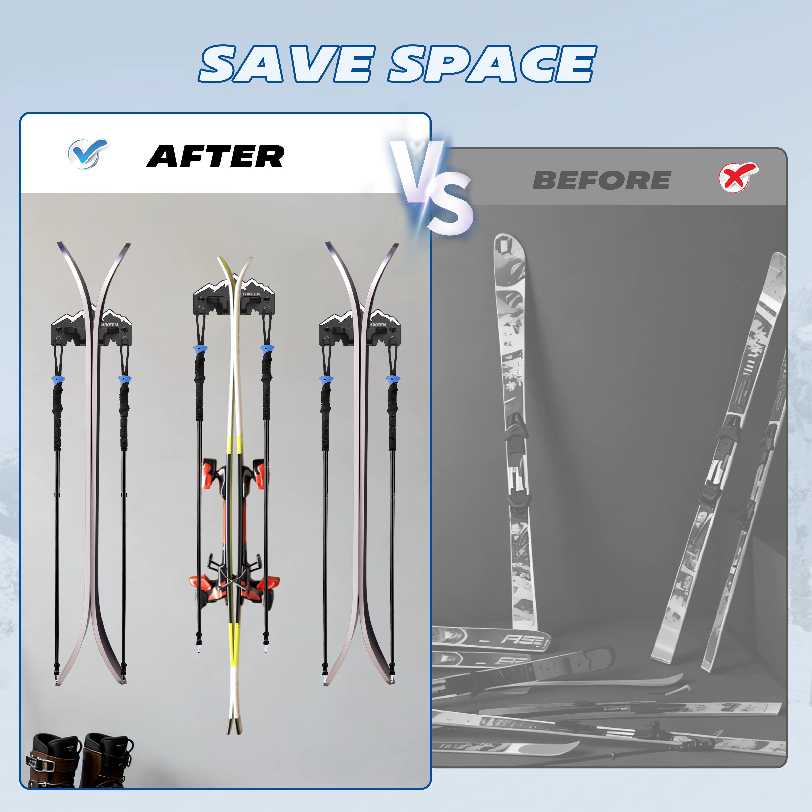 Support mural pour skis Hikeen, support mural pour le rangement des skis dans le garage, convient à tous les skis, organisation du garage, support mural durable pour l'affichage des skis