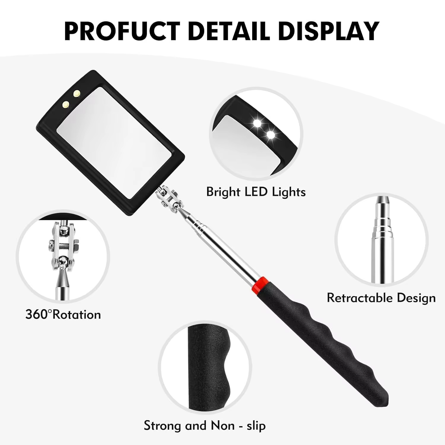 Voiture 360 ° Miroir d'inspection télescopique avec lumière LED pour vérifier l'état du véhicule