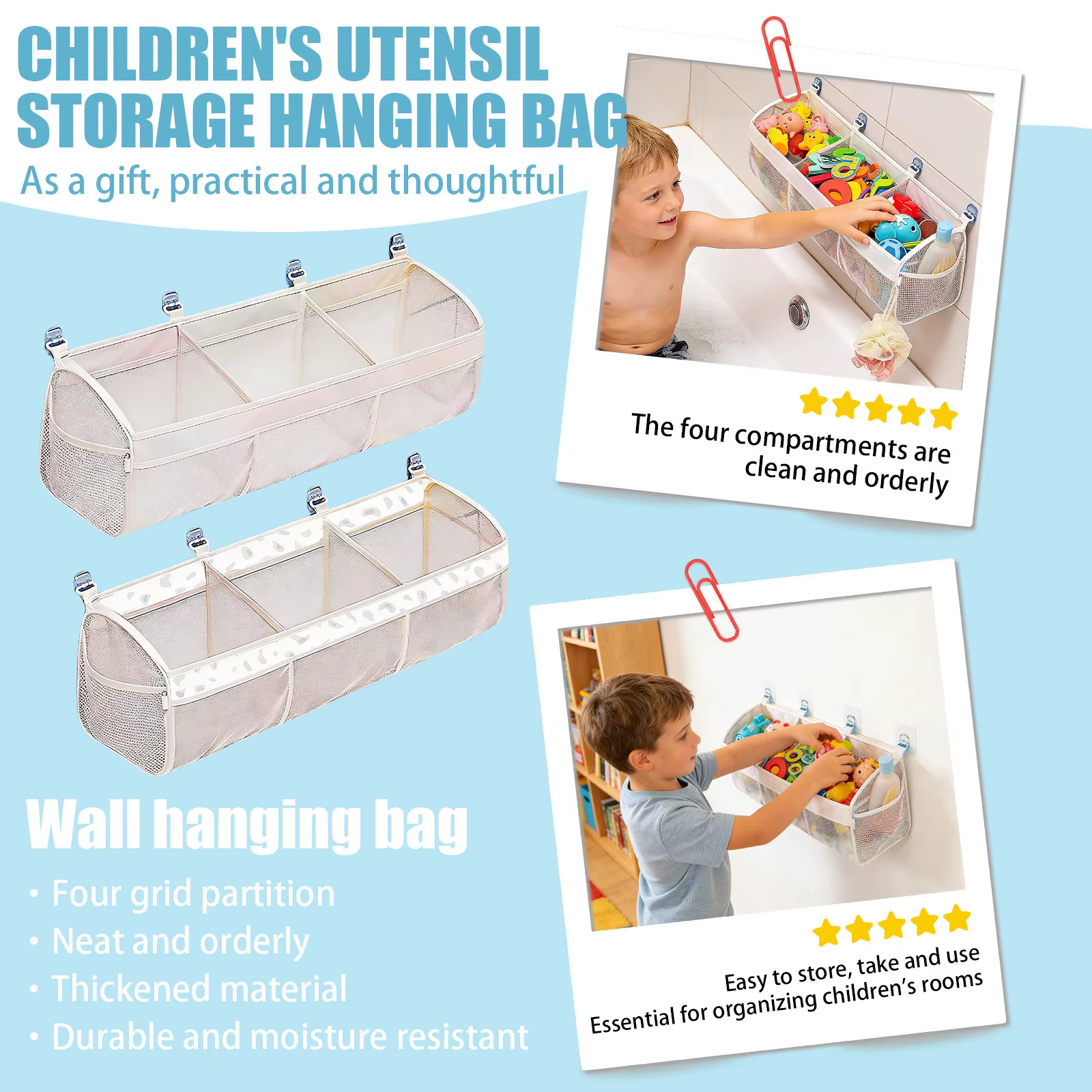 2 styles de sacs de rangement pour jouets de salle de bain avec 4 crochets, sac de rangement mural de grande capacité, organisateur d'accessoires de salle de bain