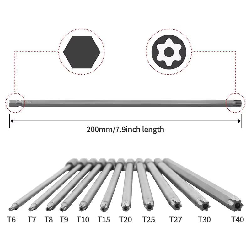 TFORU - Jeu de 11 embouts Torx extra longs en acier S2 magnétique de 200 mm